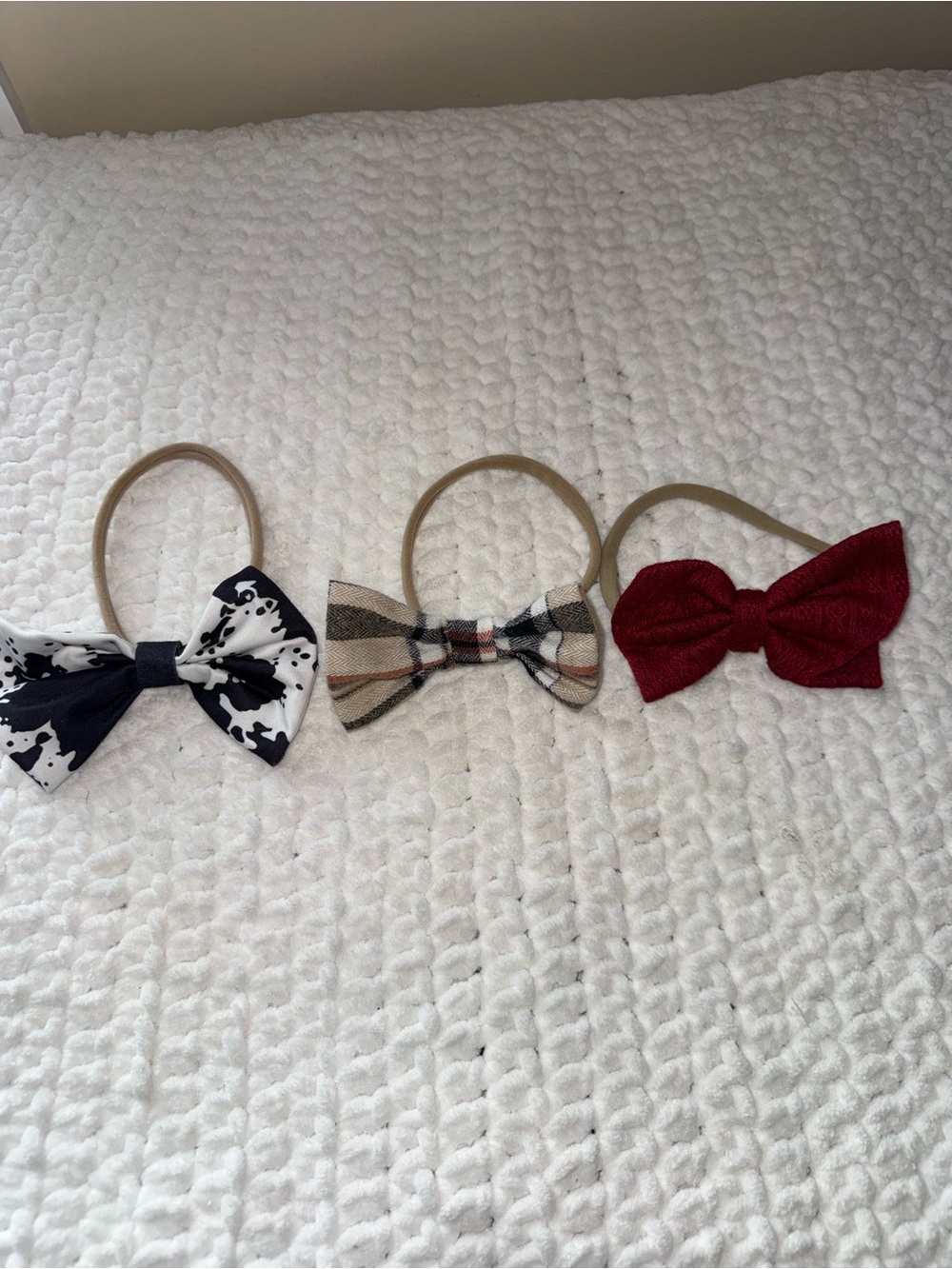Set of 3 Kids Bow Headbands - Red, Black & White, Tan Plaid